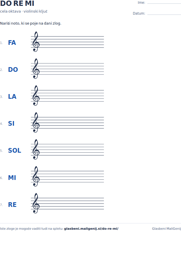 Predogled delovnega lista: sedem solmizacijskih zlogov, ob vsakem prazno violinsko črtovje za noto.