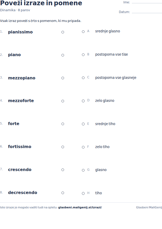 Predogled delovnega lista: osem glasbenih izrazov za dinamiko levo in prav toliko pomenov desno, med njimi prostor za črte.