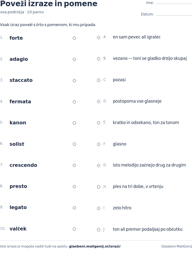 Predogled delovnega lista: deset glasbenih izrazov z vseh področij levo in prav toliko pomenov desno, med njimi prostor za črte.