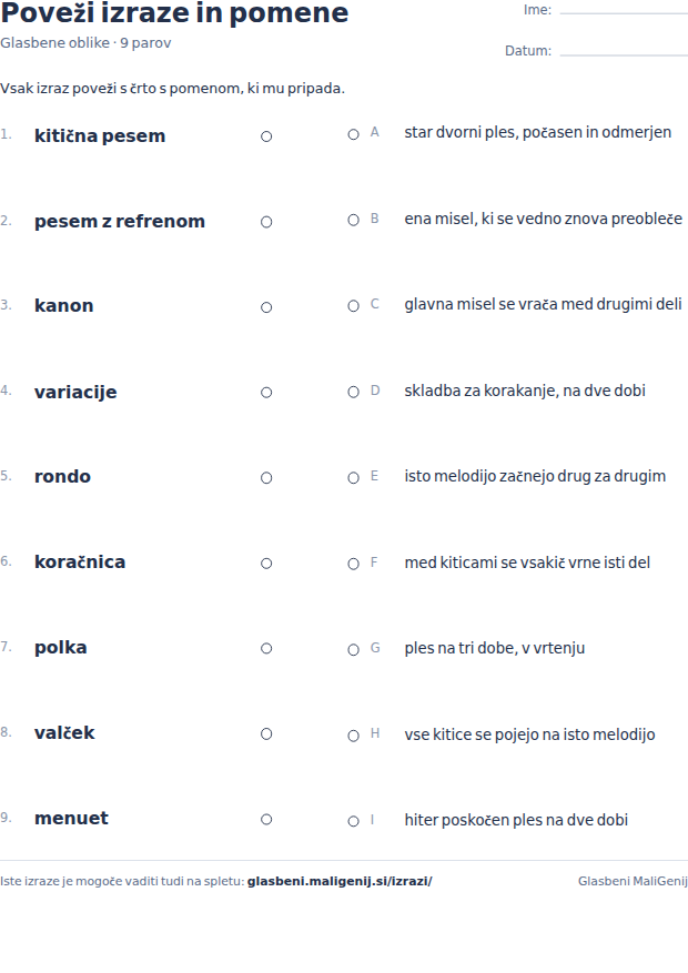Predogled delovnega lista: devet glasbenih oblik levo in prav toliko pomenov desno, med njimi prostor za črte.